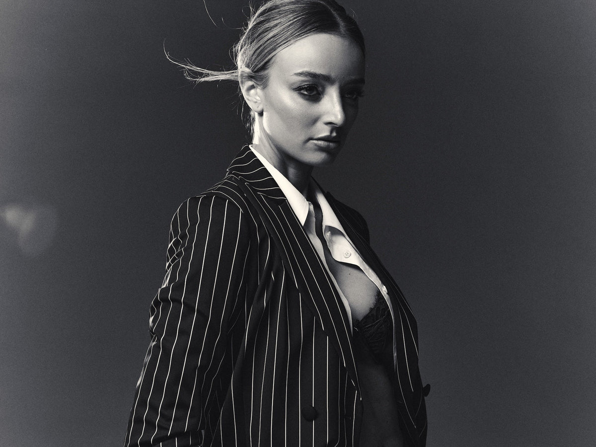 Model is wearing Striped Night Blazer and Pant