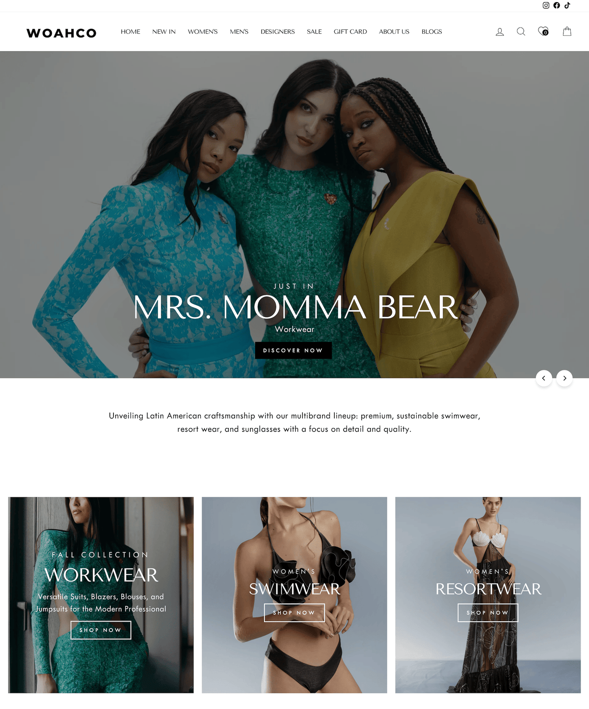 Three models showcasing Fellini, Verde Mi Amor, and Super Star on WOAHCO homepage with vibrant styles and designs.