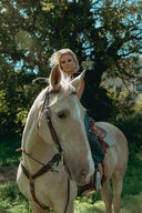 Woman riding a beautiful white horse in a sunlit outdoor setting, surrounded by lush greenery.
