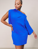 Modern Muse Dress in vibrant blue, featuring off-the-shoulder design and slouchy silhouette for chic style.