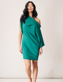 Modern Muse Dress in green with off-the-shoulder styling and sleek silhouette, showcasing mid-thigh length and pockets.