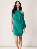 Modern Muse Dress in green with off-the-shoulder styling and sleek silhouette, showcasing mid-thigh length and pockets.