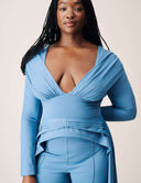 Promise Me Nothing Set - Marina featuring long-sleeve deep V-neck top in blue, highlighting modern elegance and silhouette.