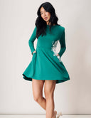 Elegant green Tulip Dress with long sleeves and pockets, featuring a flattering flared skirt and floral embroidery.