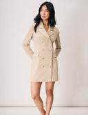 Tuxedo Mini Dress in beige featuring sharp lapels and double-breasted button front for a stylish look.