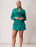 Tuxedo Mini Dress in green color featuring sharp lapels and double-breasted buttons for a stylish look.