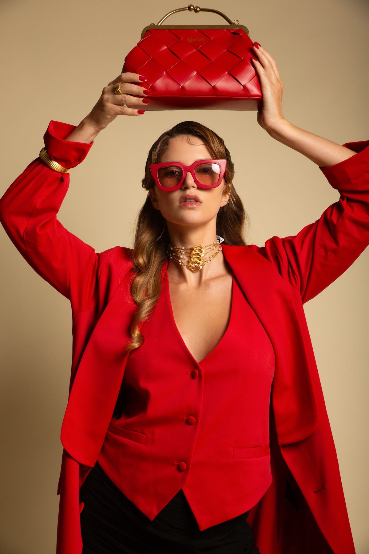 Model is wearing the Magnolia Blazer and Vest in Poppy