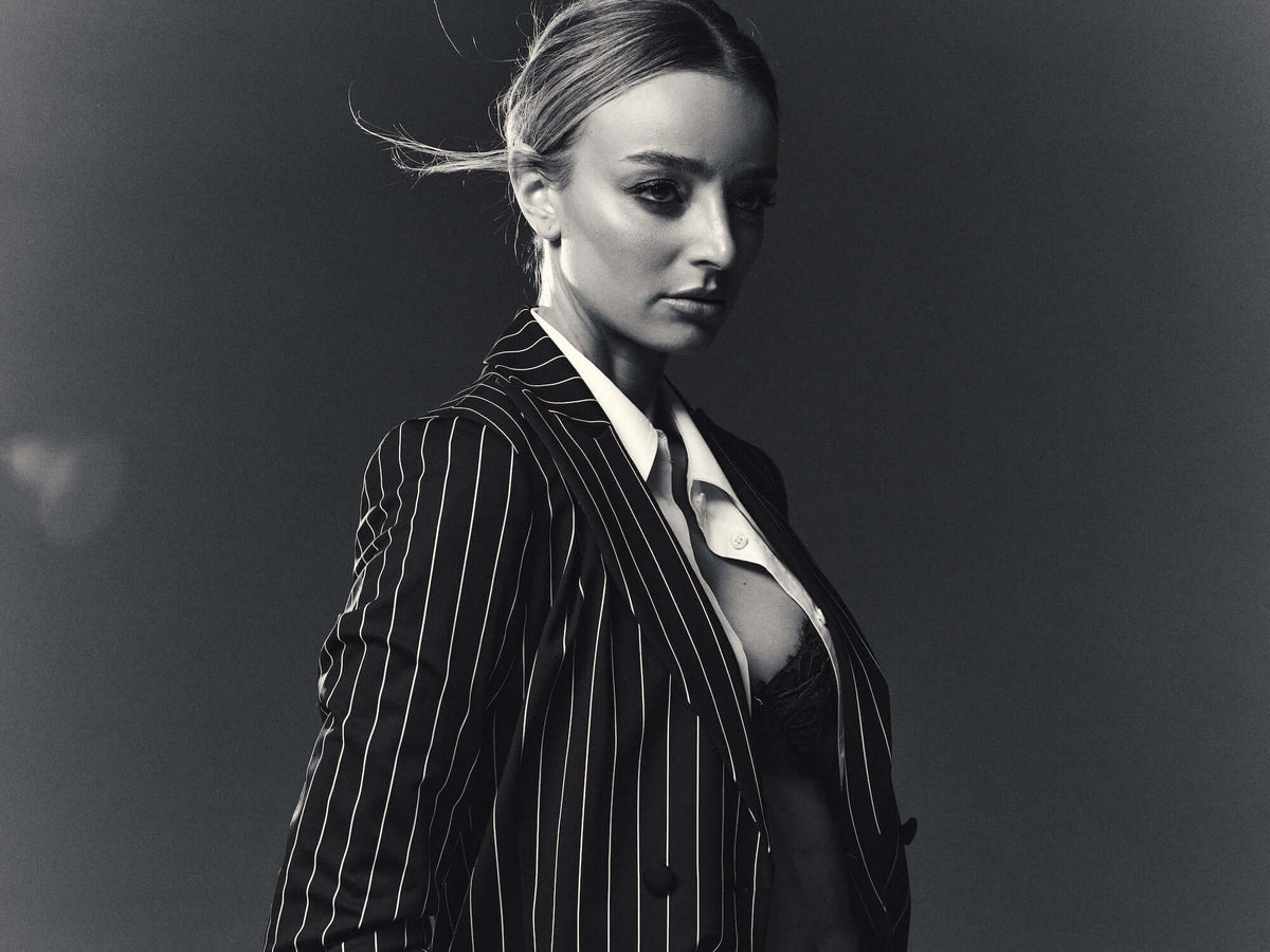 Model is wearing Striped Night Blazer and Pant