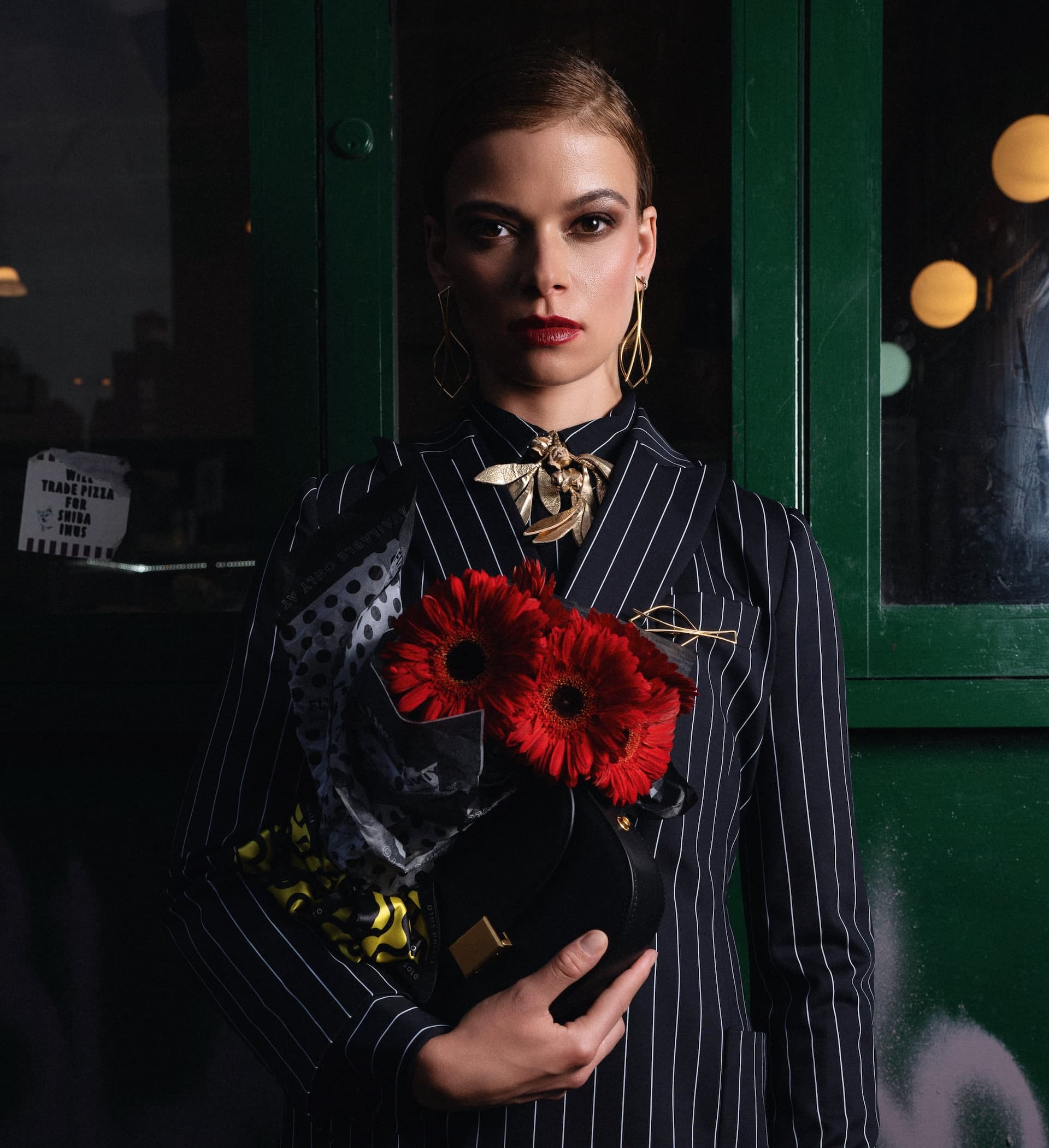 Model is wearing the Striped Night suit