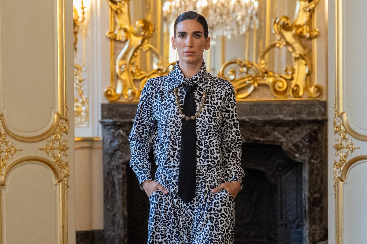 Model in the Mrs Momma Bear Seeing Double Cropped Top and Pant in Spotted Twice with a black tie at Hotel Le Marois, Paris | Caption: Photography: Michael Froelich, MYKO Paris