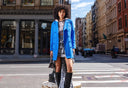 Model is wearing Dahlia Blazer in Forget-Me-Not