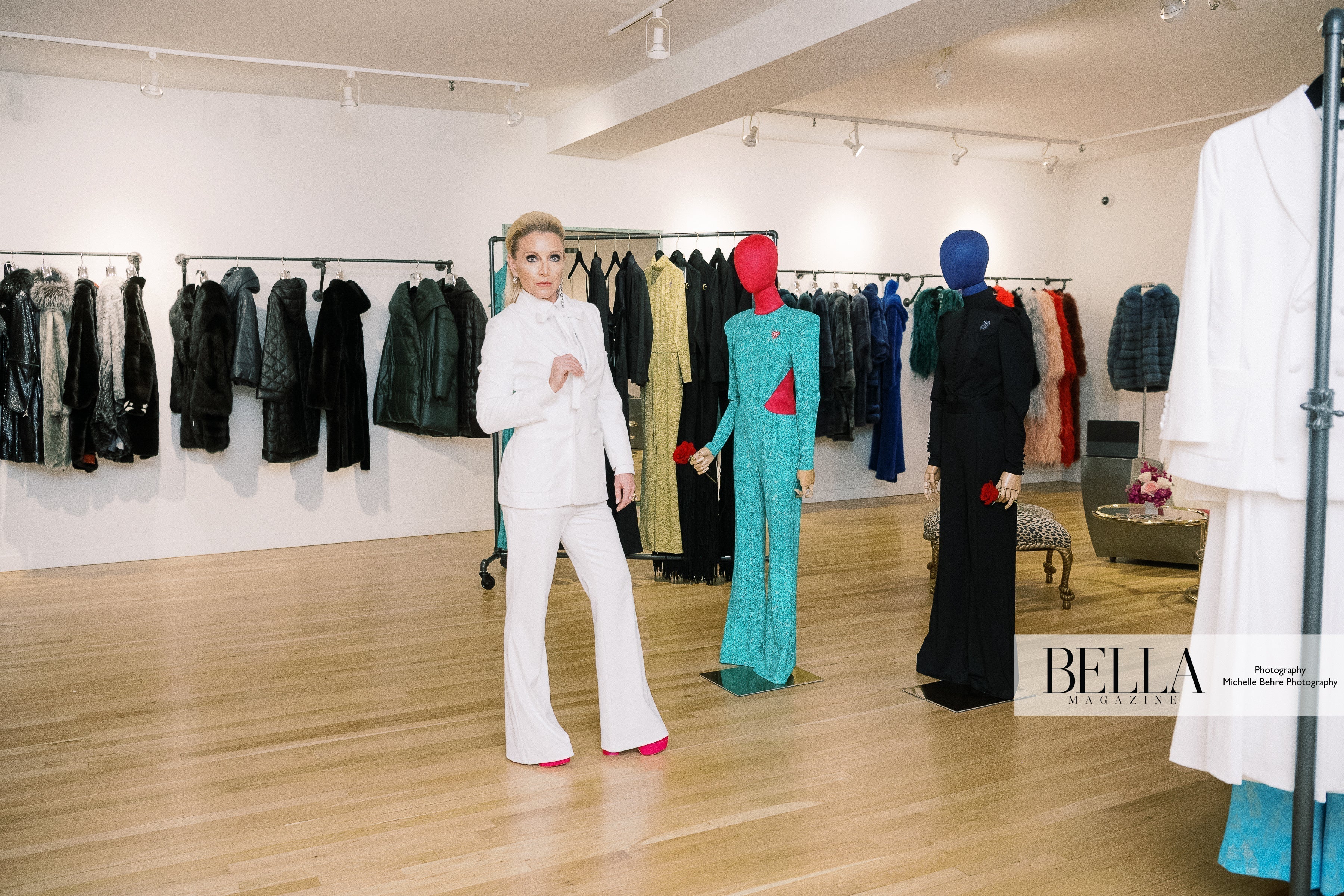 Lee Evans Lee wearing Meet Me at Noon showcasing stylish workwear on display for BELLA Magazine event.