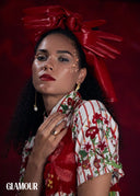 Model is wearing Magnolia Suit Pant in Poppy