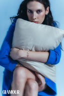 Model is wearing the Mini Tuxedo Dress in Forget-Me-Not