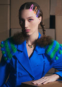 Model is wearing Tuxedo Mini Dress in Forget-Me-Not