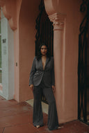 Model wearing Perfect Form Set - Graphite, showcasing sophisticated tailoring and a refined silhouette.