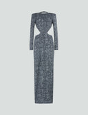 Elegant black dress with shoulder pads and an open back, inspired by sequin gowns for special occasions.