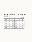 Size chart for Dancing Anyone jumpsuit including measurements for chest, waist, hip, and inseam.