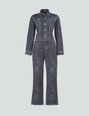 Dark denim jumpsuit with front buttons, relaxed fit, and deep pockets, perfect for casual or dressy occasions.