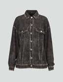Black denim jacket with dual front pockets for a stylish and comfortable layering option.