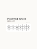 Enza Marie Blazer size chart displaying chest and waist measurements in inches for various sizes.