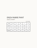 Enza Marie Pant size chart detailing waist, hip, and inseam measurements for various sizes.