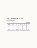 Size chart for Enza Marie Top detailing measurements for XS to XL.
