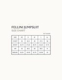 Size chart for the Fellini jumpsuit, including measurements for chest, waist, hip, and inseam.
