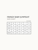 Fringy Baby jumpsuit size chart detailing measurements for XS to XL.