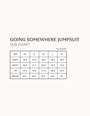 Size chart for the Going Somewhere jumpsuit featuring measurements for chest, waist, hip, and inseam in inches.