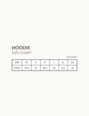 Hoodie size chart displaying measurements for Original MMB Hoodie in inches including XS to XXL sizes.