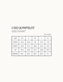 I Do jumpsuit size chart including chest, waist, hip, and inseam measurements in inches.