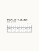 Size chart for Look At Me Blazer including measurements for chest and waist in inches.