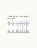 Size chart for Look At Me Jumpsuit including measurements for chest, waist, hip, and inseam.