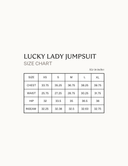 Lucky Lady jumpsuit size chart displaying measurements for XS, S, M, L, XL in inches.