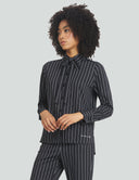 Fitted striped night top with cuffed sleeves and removable bow, perfect for versatile daytime and evening occasions.