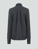 Back view of a fitted striped night top with cuffed sleeves and a collar, perfect for versatile styling.