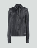 Striped night top in black with removable bow and cuffed sleeves, perfect for work or evening outings.