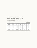 Tea Time Blazer size chart with measurements for XS to XL in chest and waist inches.
