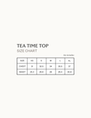 Size chart for the Tea Time Top including measurements for XS to XL in inches.