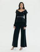 Elegant two-piece tuxedo with off-shoulder jacket and stylish matching pants, perfect for all-day wear.