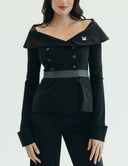 Model wearing the Tux All Day/All Night Top featuring an off-the-shoulder neckline and adjustable buttons for a defined waist.