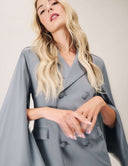 Cool Intentions Blazer featuring batwing sleeves and dramatic satin lapels in a stylish gray color.
