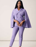 Model wearing the Cool Intentions Blazer with batwing sleeves and matching pants in a soft purple shade.