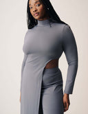 Cut to the Chase Top in gray featuring a chic cutout and high neckline, ideal for modern elegant style.