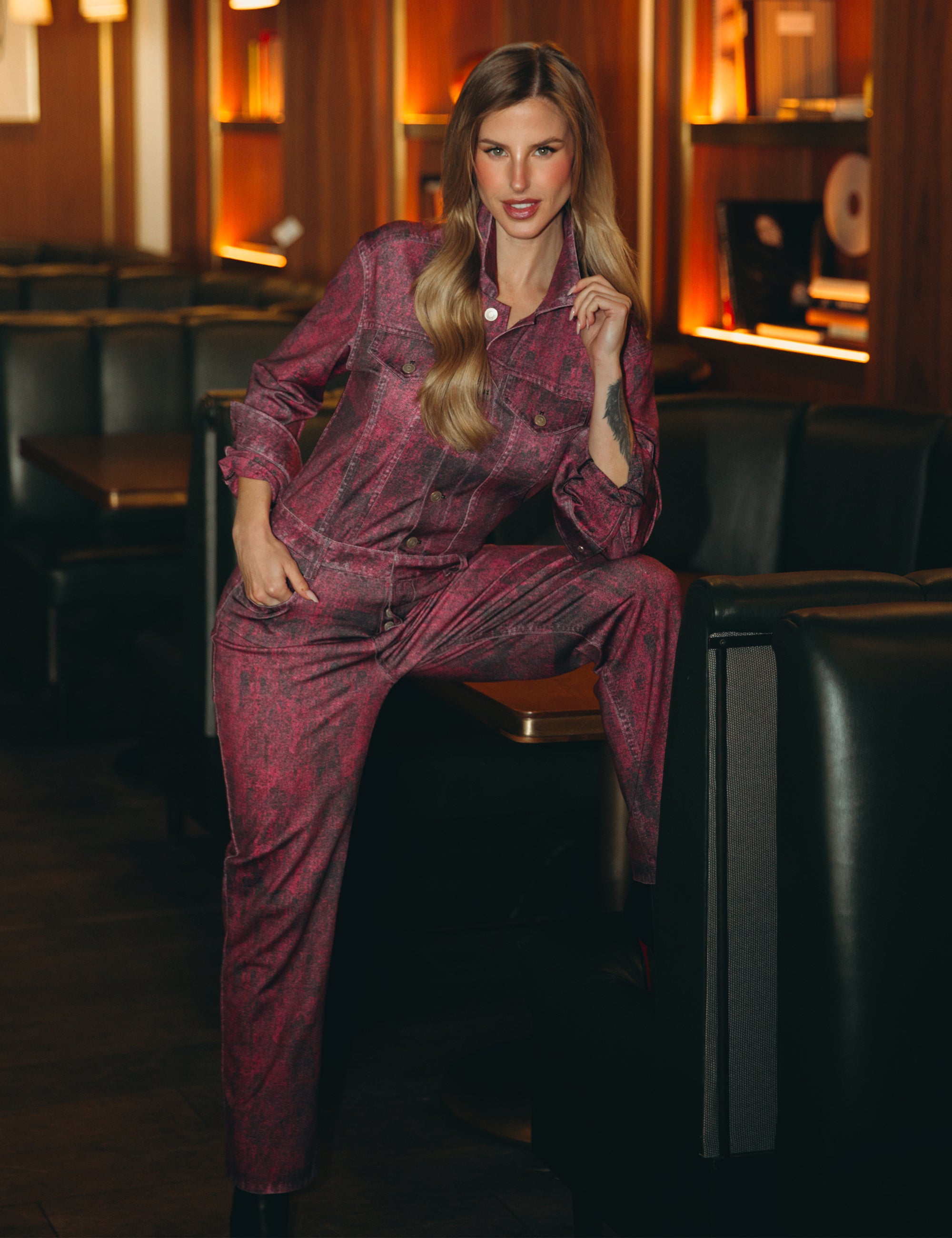 Denim Jumpsuit Pink Red Wash