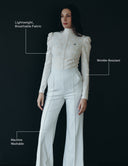 Model wearing the I Do jumpsuit, showcasing lightweight fabric, wrinkle resistance, and machine washability.