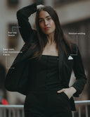 Look At Me Blazer worn by model showcasing four-way stretch and moisture-wicking fabric features.