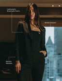Model wearing Look At Me Blazer with lightweight, wrinkle-resistant fabric and machine washable features.