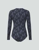Luxe Long Sleeve Bodysuit in black lace print, back view, stylish base layer for a seamless look. Perfect for layering.